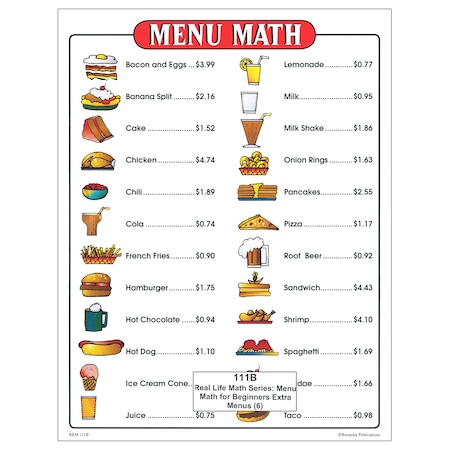 Remedia Publications Menu Math for Beginners, 6 Extra Price Lists, PK6 111B